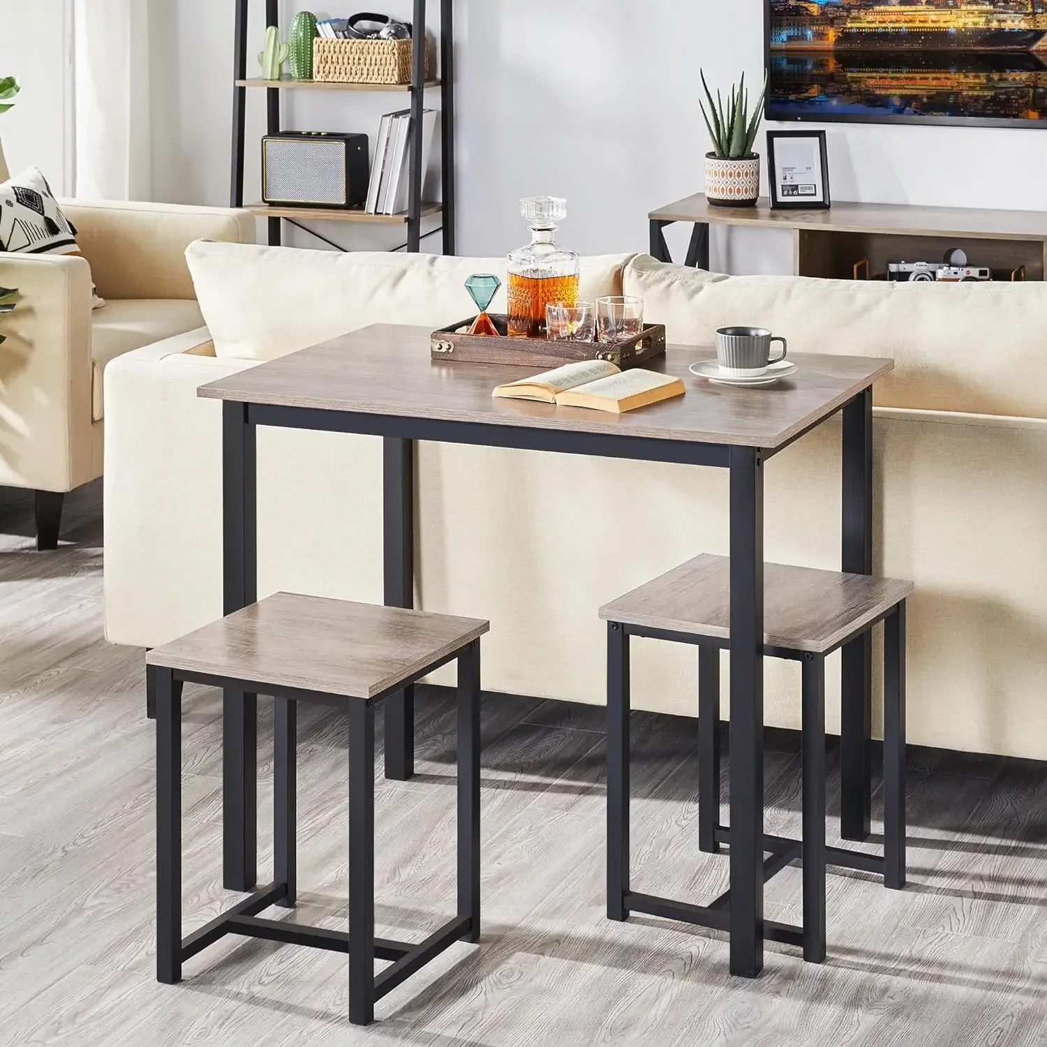 3 Piece Dining Table Set - Kitchen Table & Chair Sets for 2 - Compact Table w/ 2 Stools & Space Saving Design,Gray