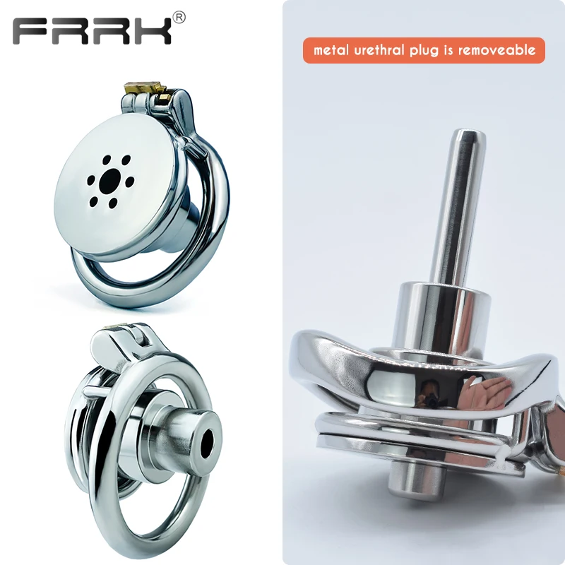 FRRK Inverted Plugged Metal Chastity Cage with Cylinder Design for Men BDSM Games Play Stainless Steel Denial Pleasure Sex Toy