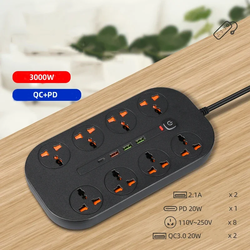 Universal Power Strip Extension Socket with USB Type-c EU US AU UK Multi Plug Overload Protection Power Electric AC110 220V