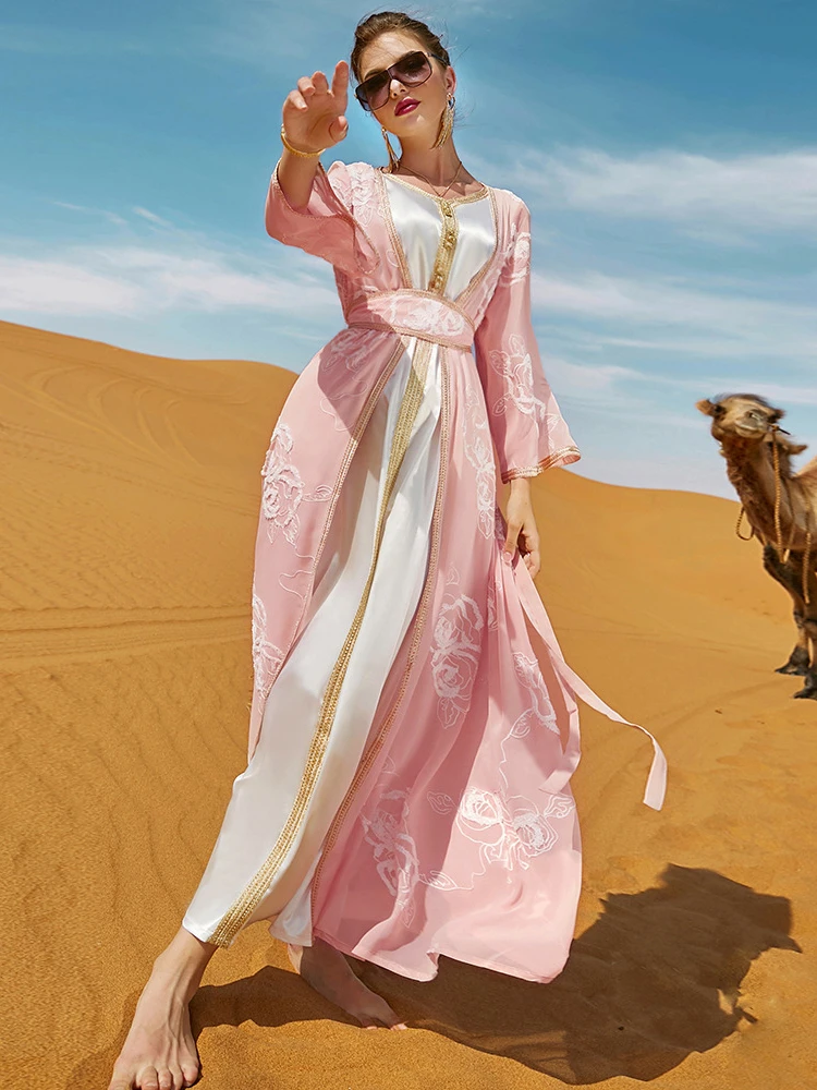 Vestido de fiesta marroquí para mujer, traje de dos piezas musulmán, vestido interior y Abaya con flores bordadas, caftán de Ramadán, caftán Eid