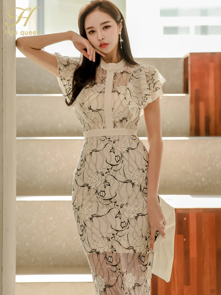 H Han Queen Hot Sale Vintage Vestidos Simple Chic Work Wear Dress Women Summer Office Bodycon Sheath Casual Pencil Lace Dresses