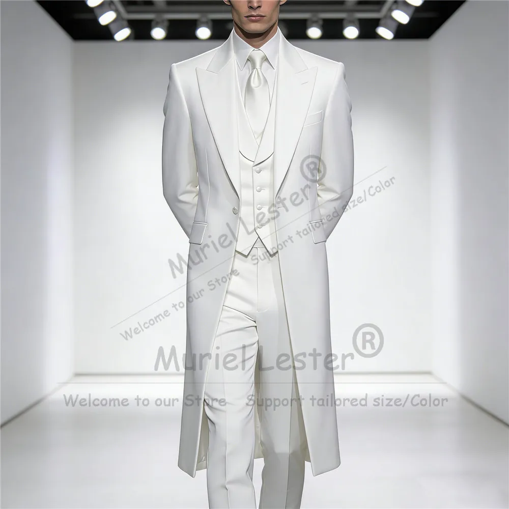 

Elegant White Solid Suits Men Long Single Breasted Prom Blazers Customized 3 Piece Set Groom Wedding Tuxedos trajes para hombre
