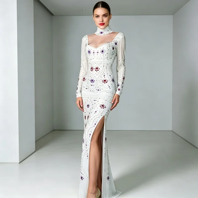 Women's Sparkly Rhinestones & Pearl Long Evening Dress for Party Birthday Celebrations Model Stage Catwalk & Photo Shoots