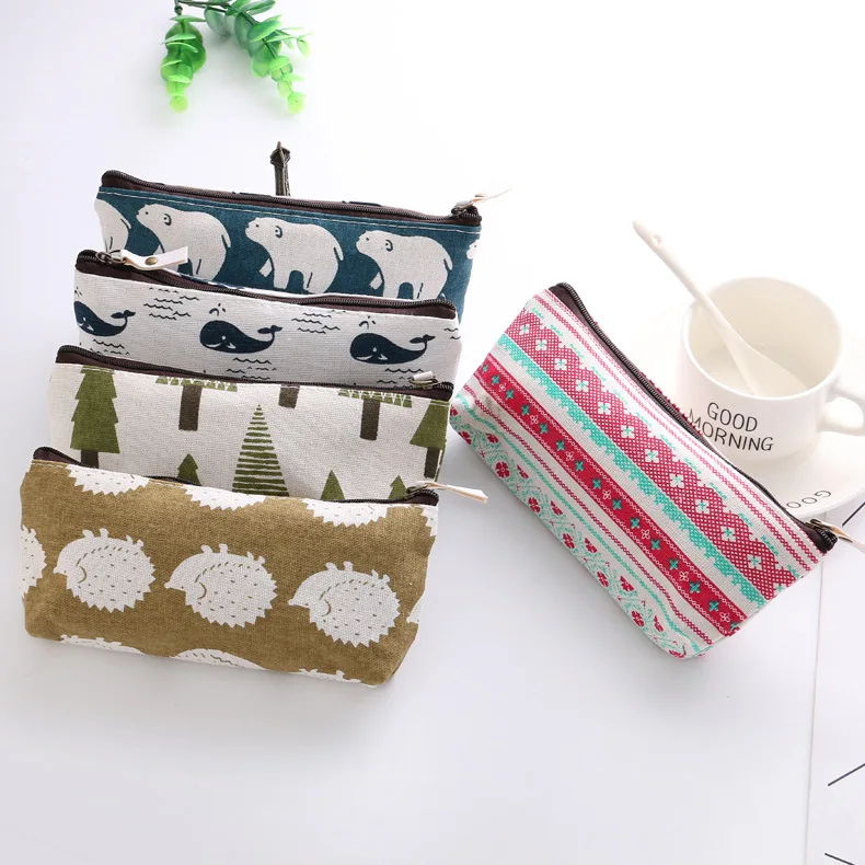 Fashion Canvas Mini Cosmetic Lipsticks Bag Whale Flowers Pattern Zipper Pencil Bag Portable Keys Earphone Charge Cable Organizer