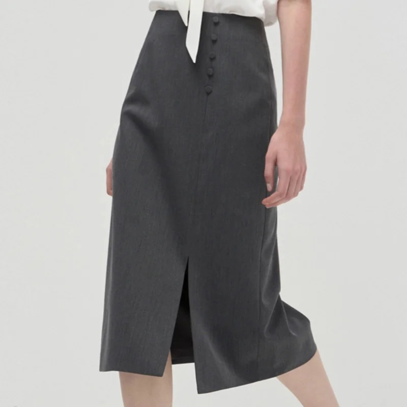 

Осенние винтажные серые женские юбки-миди с высокой талией и разрезом спереди, новинка 2025, повседневные офисные юбки трапециевидной формы, женские юбки