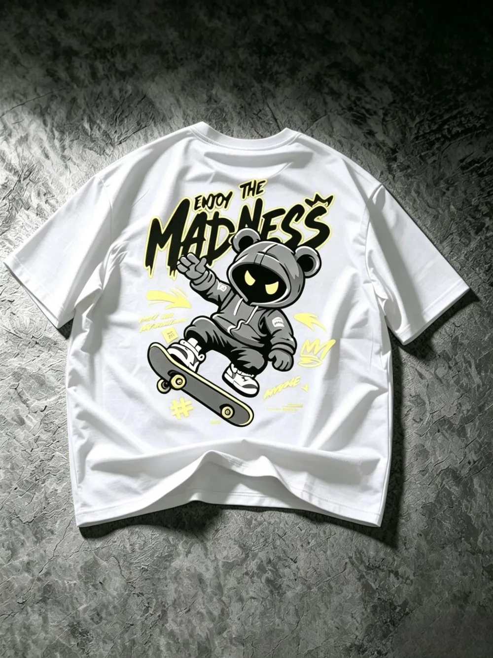 American men's summer skateboarding teddy bear letter print micro elastic breathable round neck T-shirt outdoor street top