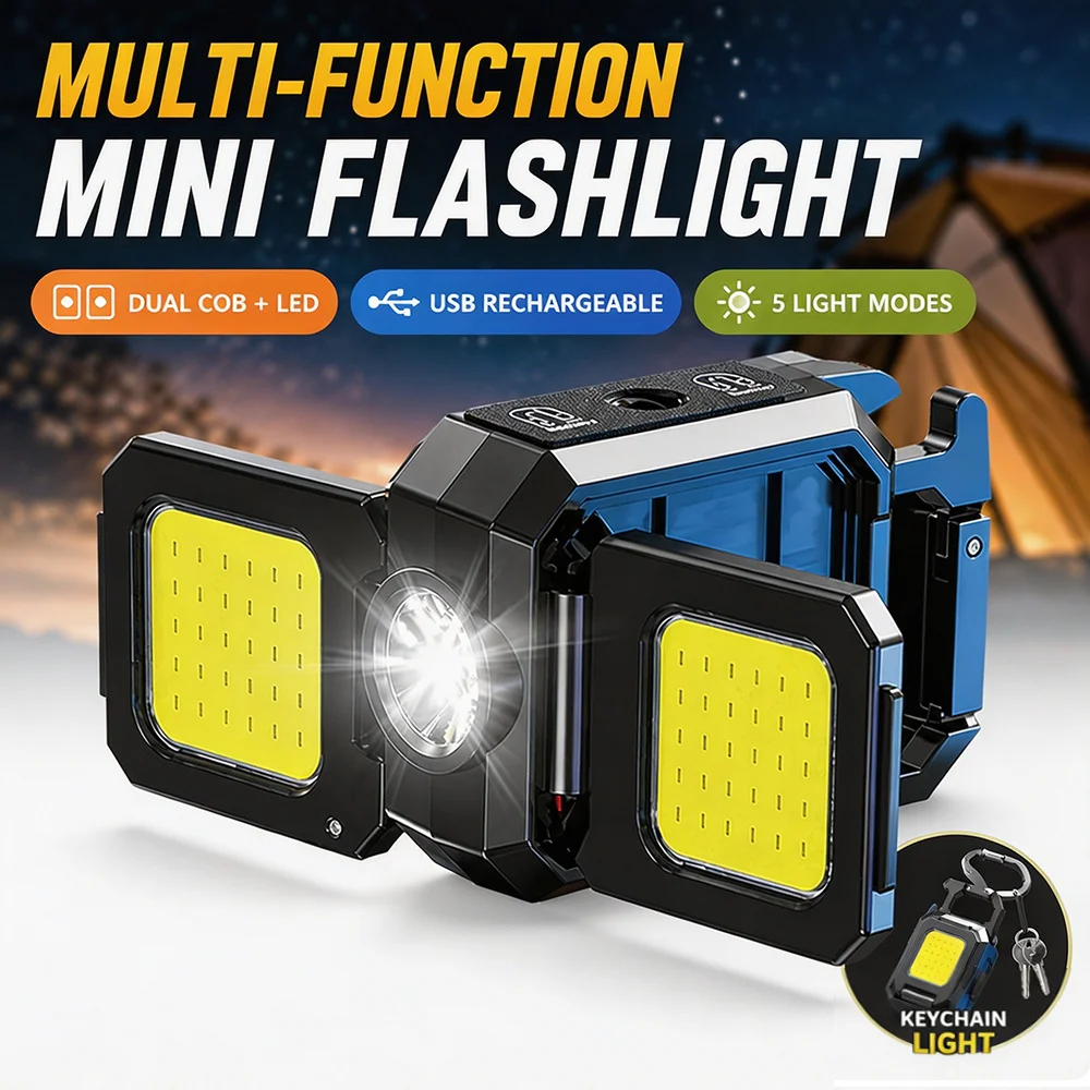 F2 Bright COB Keychain Flashlight Rechargeable Mini Work Light Magnetic Portable Pocket Lamp Camping Fishing Hiking Emergency