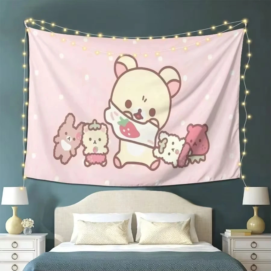 Kawaii Bear Tapestry Pink Polka Dot Cute Animal 2D Print Wall Hanging Bedroom Decor Gift