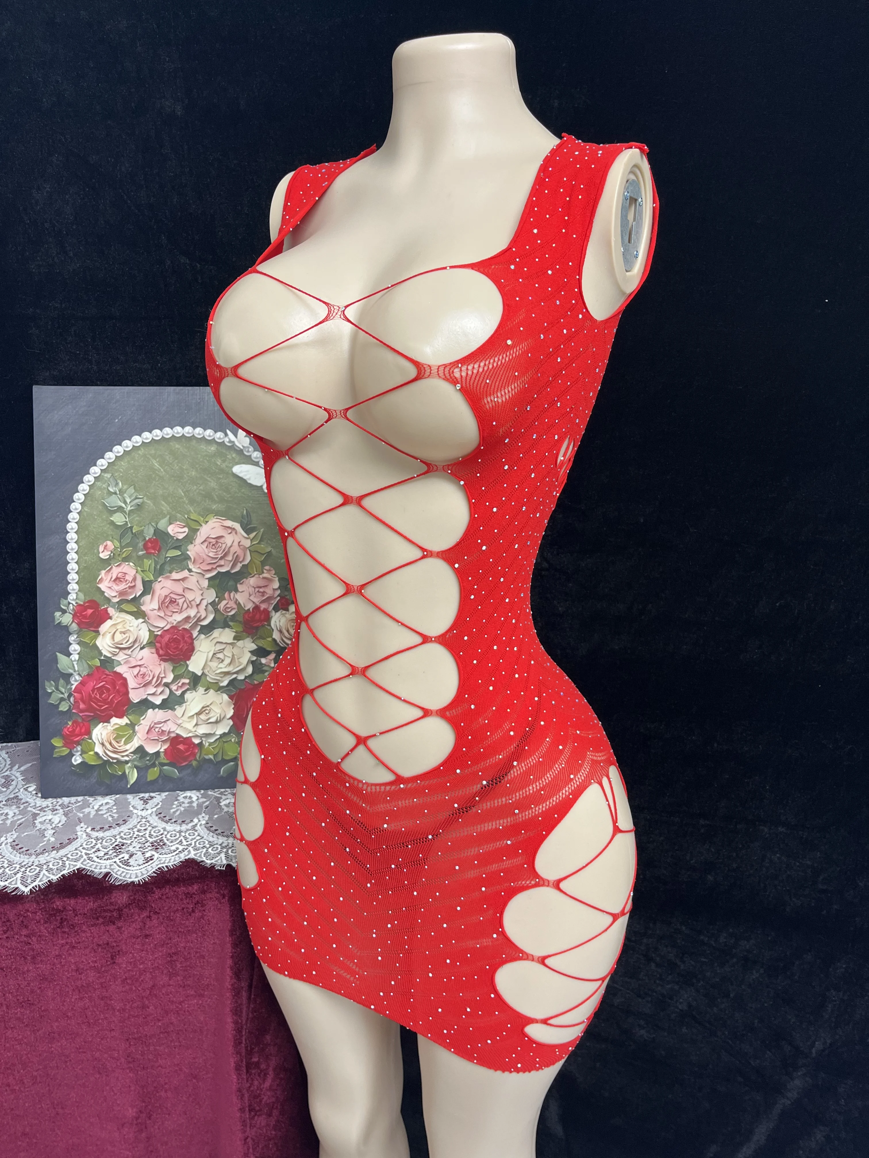 Erotic underwear, sexy cut-out erotic net clothes, nightclub hot diamond starry sky see-through body-hugging skirt