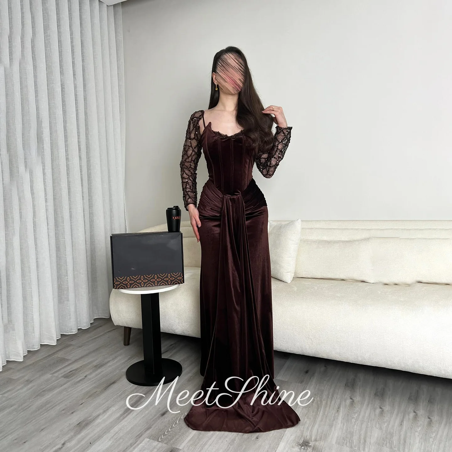 

Классические коричневые бархатные вечерние платья с V-образным вырезом и длинными рукавами, шикарные плиссированные платья-русалка для выпускного вечера, свадьбы, праздника Ид, на заказ