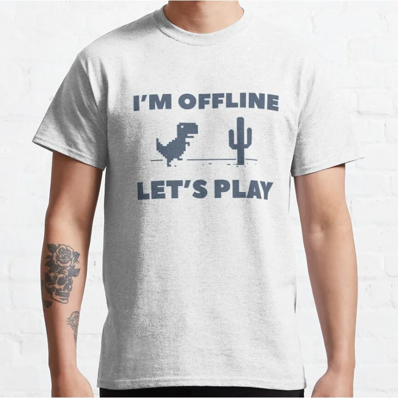 DinoChrome The Offline T-Rex _ I'm Offline, Let's Play Funny cartoon pixel video game T-shirt for men large size Adult Tops