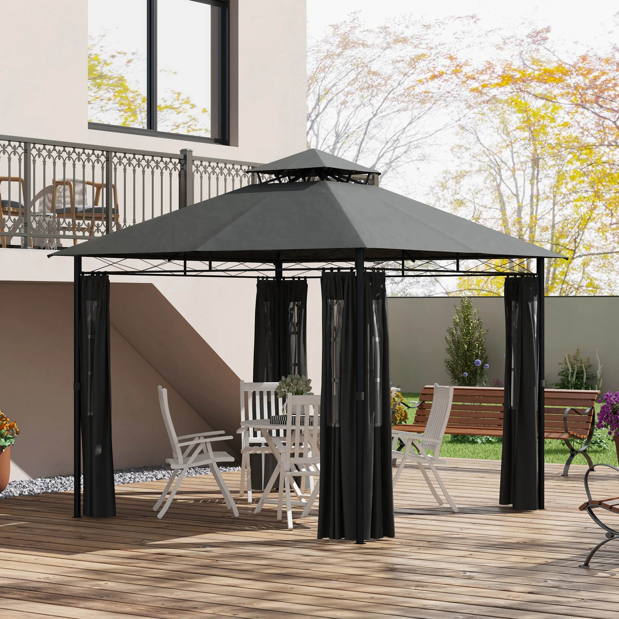 Tente de jardin pavillon 3 x 3 m avec parois latérales et double toit – Tente de festival métallique résistante aux intempéries en gris foncé pour les fêtes de jardin