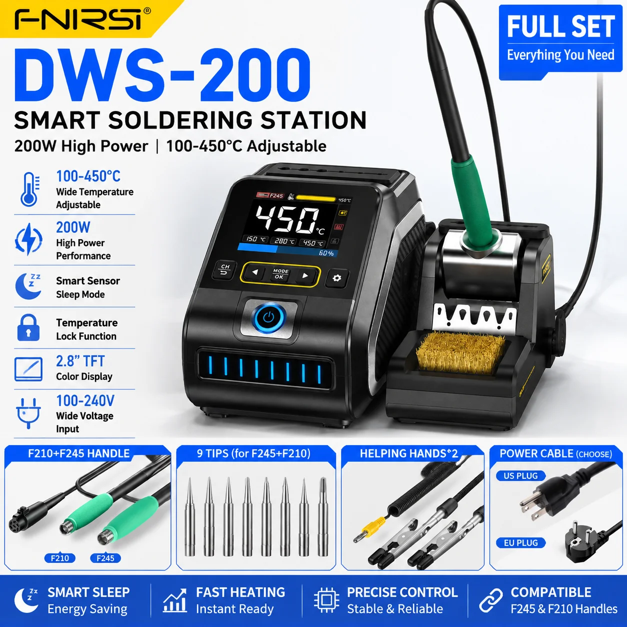 FNIRSI DWS-200 200W Fast Heating Soldering Station Fits C210 C245 Iron Tips with Helping Hand Electronic Welding Rework Station