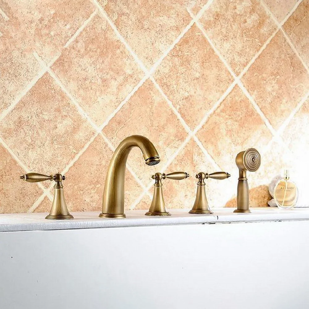 

Antique Brass Deck Mounted 5PCS Bathroom Faucet Bathtub Basin Tap Cold Hot Water taps With Three Handles Ntf036