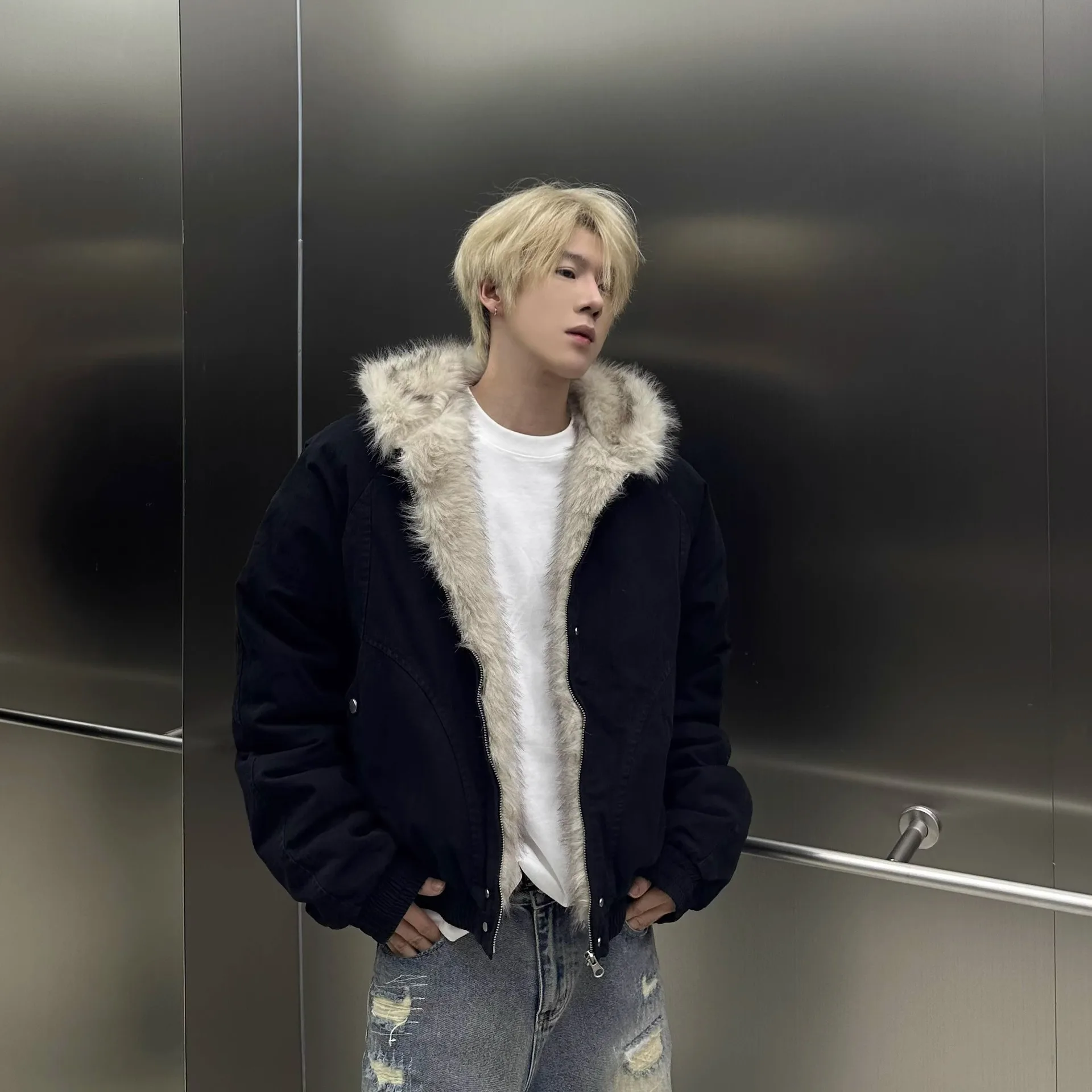 الخريف/الشتاء Y2K الأمريكية الرجعية شارع العليا الفراء طوق سميكة سترة قطن الرجال والنساء الشرير الشارع فضفاض قصير سترة غير رسمية