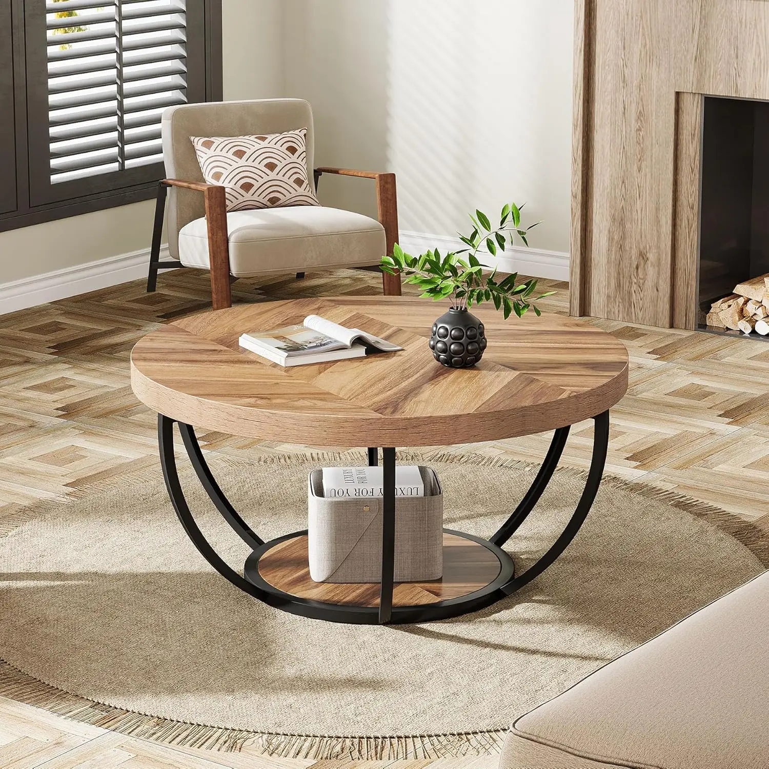 32" Circle Marble Coffee Tables, 2-Tier Golden Metal Legs Accent Center Table with Open Storage Modern Design Home Furniture image 3