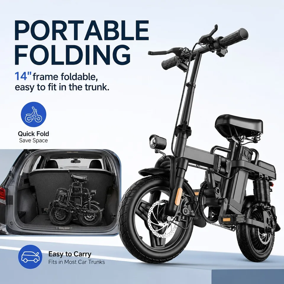 48V 500W Electric Bike Foldable 14-Inch E-Bike, 43km/h Top Speed, 48V 15Ah Battery Up to 60km Assist Range, Front & Rear Dual Disc Brakes, Fenders & Basket, 150kg Load, Commuter Ebike image 5