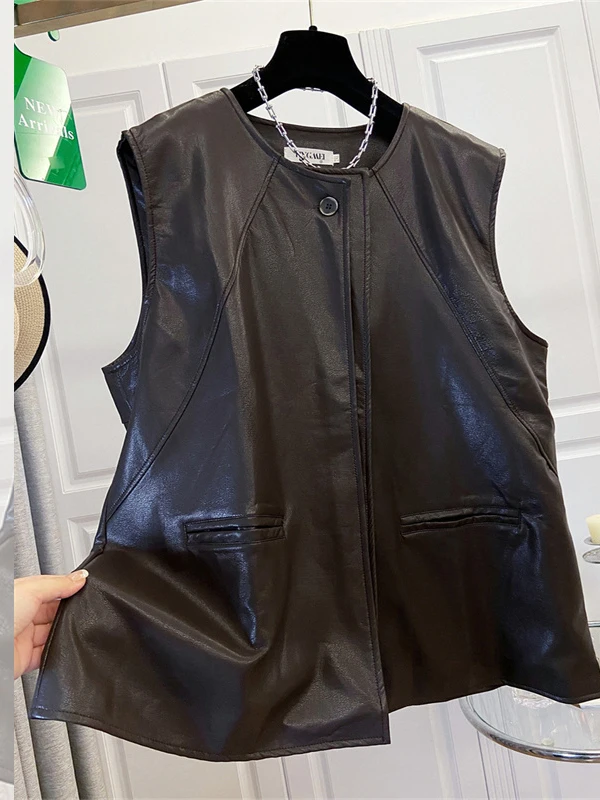 Authentic 2026 New Unique Design round Neck Sleeveless Leather Vest Jacket Women's Fashion Inner Wear Polyester Fiber Regular...