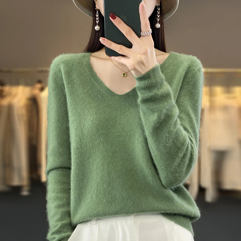 100% wool cashmere sweater women\'s V-neck pullover casual knit top autumn and winter new fashion loose Korean women\'s coat