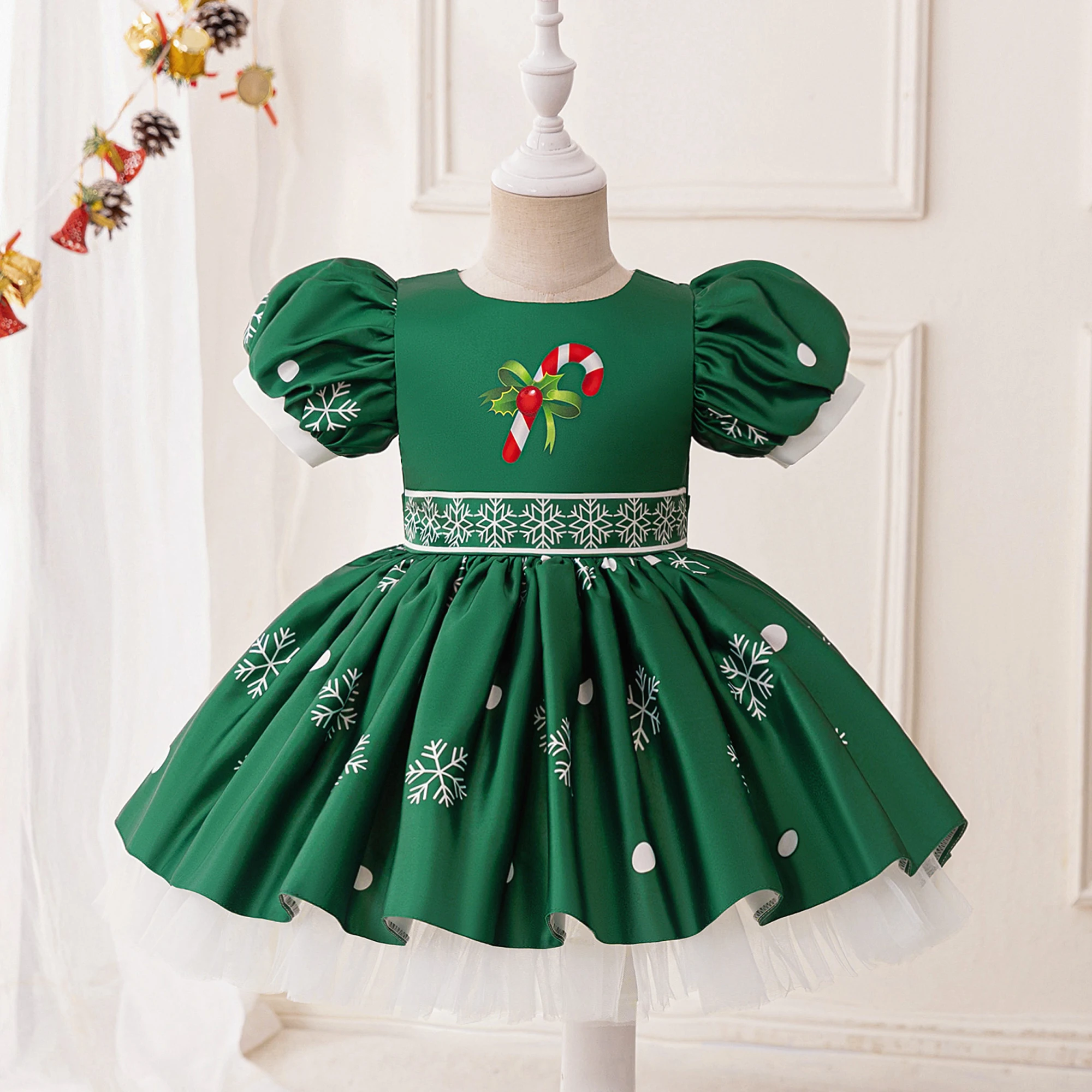 Baby Girls Vintage Green Santa Claus Festival Gift Kids Snowflake Christmas Dresses Girl Flkuffy Christening Gown Toddler Cloth