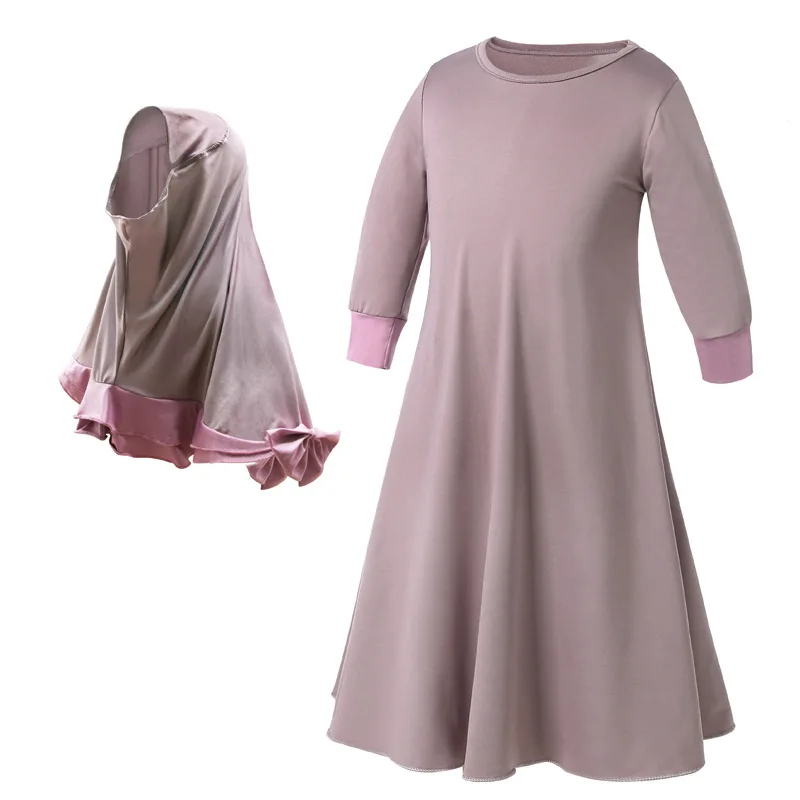 

Платье для девочек 2 шт., платье с длинным рукавом на весну и осень + повязка на голову, комплект из двух предметов, мусульманское детское платье