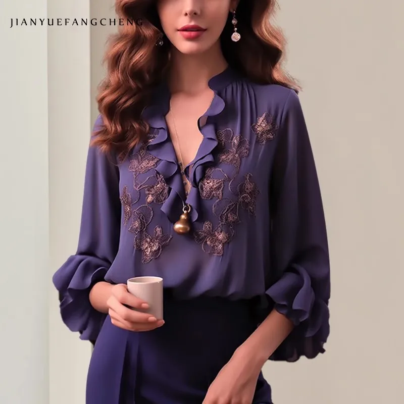 

Elegant French Style Embroidered Chiffon Blouse Women Summer Tops Loose Casual Lantern Sleeve Ruffles Trendy Shirts