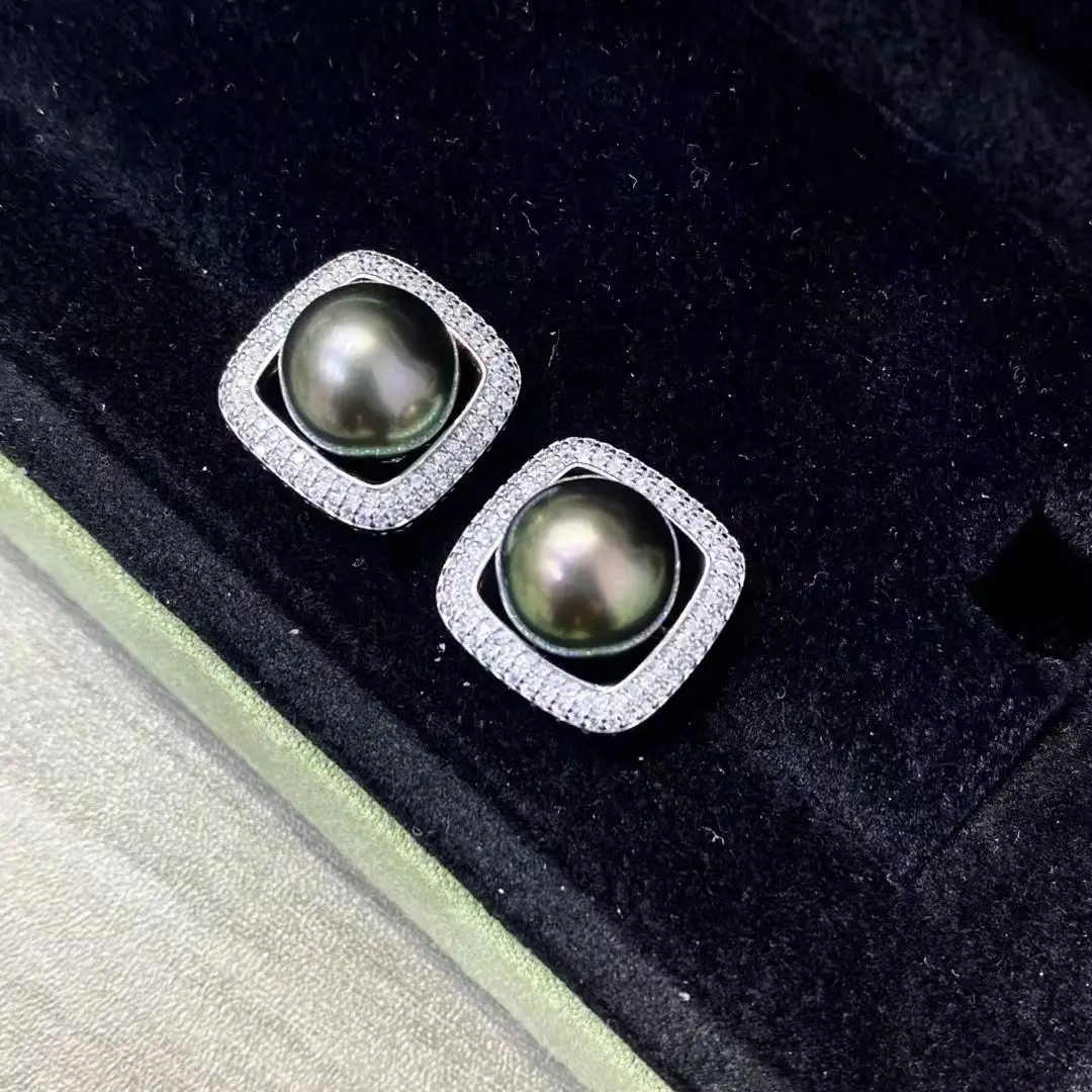 Square Shape S925 Sterling Silver Earrings Mount Findings Settings Base Mounting Parts Accessory for 10-11mm Pearls 5 pairs/lot