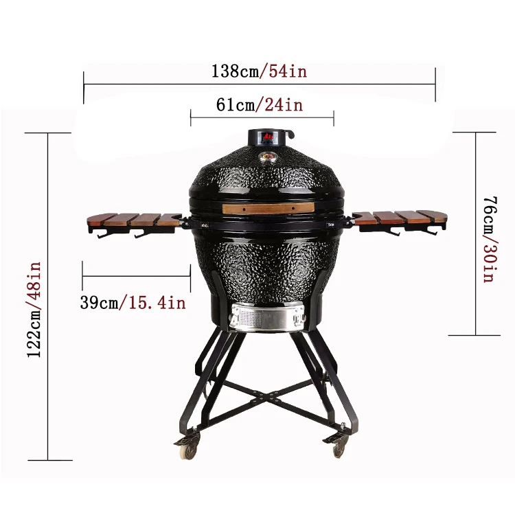 24 Inch Premium Charcoal Grill Smoker Kamado BBQ Smoker Cart Side Shelves Stainless Steel Grates Porcelain Enamel Finish Folding