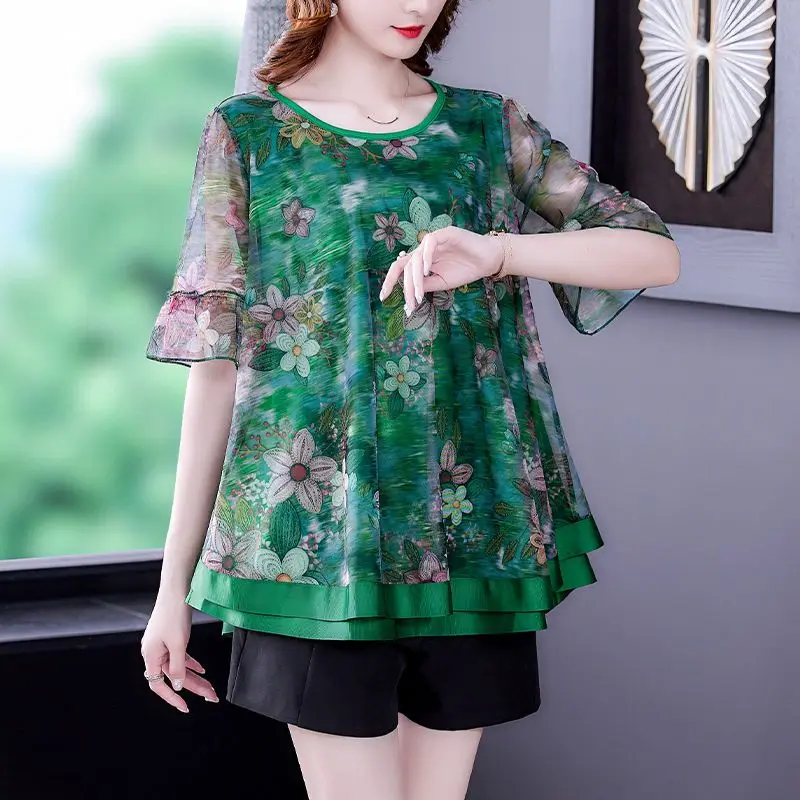 Printing T-Shirts Round Neck Floral Patchwork Short Sleeve Leisure Gauze Loose Thin Summer Korean Casual Women\'s Clothing 2023
