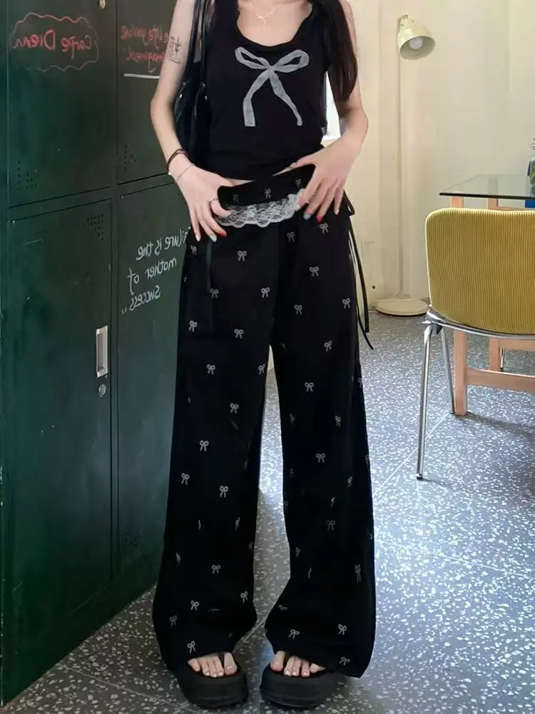 Lace Lace Patchwork Bow Casual Pants for Women in Spring and Summer, New Thin and Loose Straight Leg Wide Leg Pants