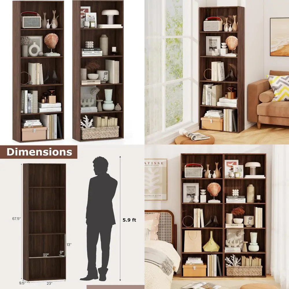 مجموعة خزائن كتب طويلة مكونة من 5 طبقات، أرفف خشبية قائمة على الأرض، ألواح سميكة، مضادة للرشح، حلول تخزين مفتوحة #1