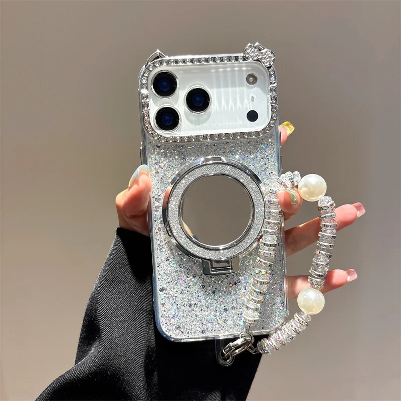 

Back Cover For IPhone 11 13 14 Plus 15 16 17 Pro Max Case Glitter Diamond Camera Frame Mirror Stand Holder Wristband Chain Case