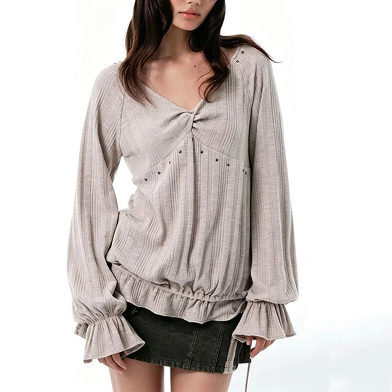 MEXZT Vintage Rivet T Shirts Women Y2K Harajuku Ruffles Tops Fashion Streetwear V Neck Tees Winter Flare Long Sleeve Clothes New