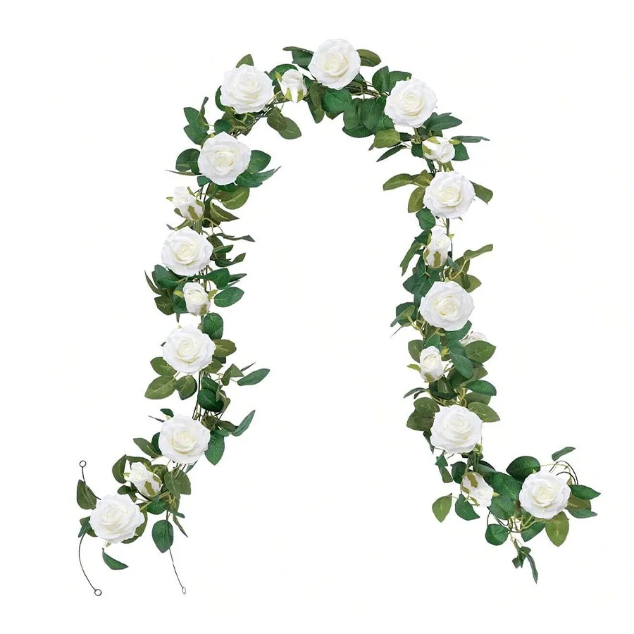 1pc 200cm/6.5ft  Artificial White Rose Vines Floral Garlands Total ，Fake Vine Silk Flower Garland for Indoor， Outdoor Home Weddi