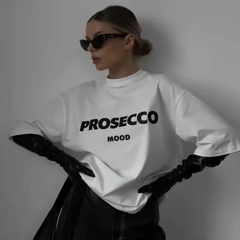 PROSECCO MOOD-camisetas de algodón con estampado gráfico de letras para mujer, ropa femenina de gran tamaño, Tops suaves con cuello redondo Y2k