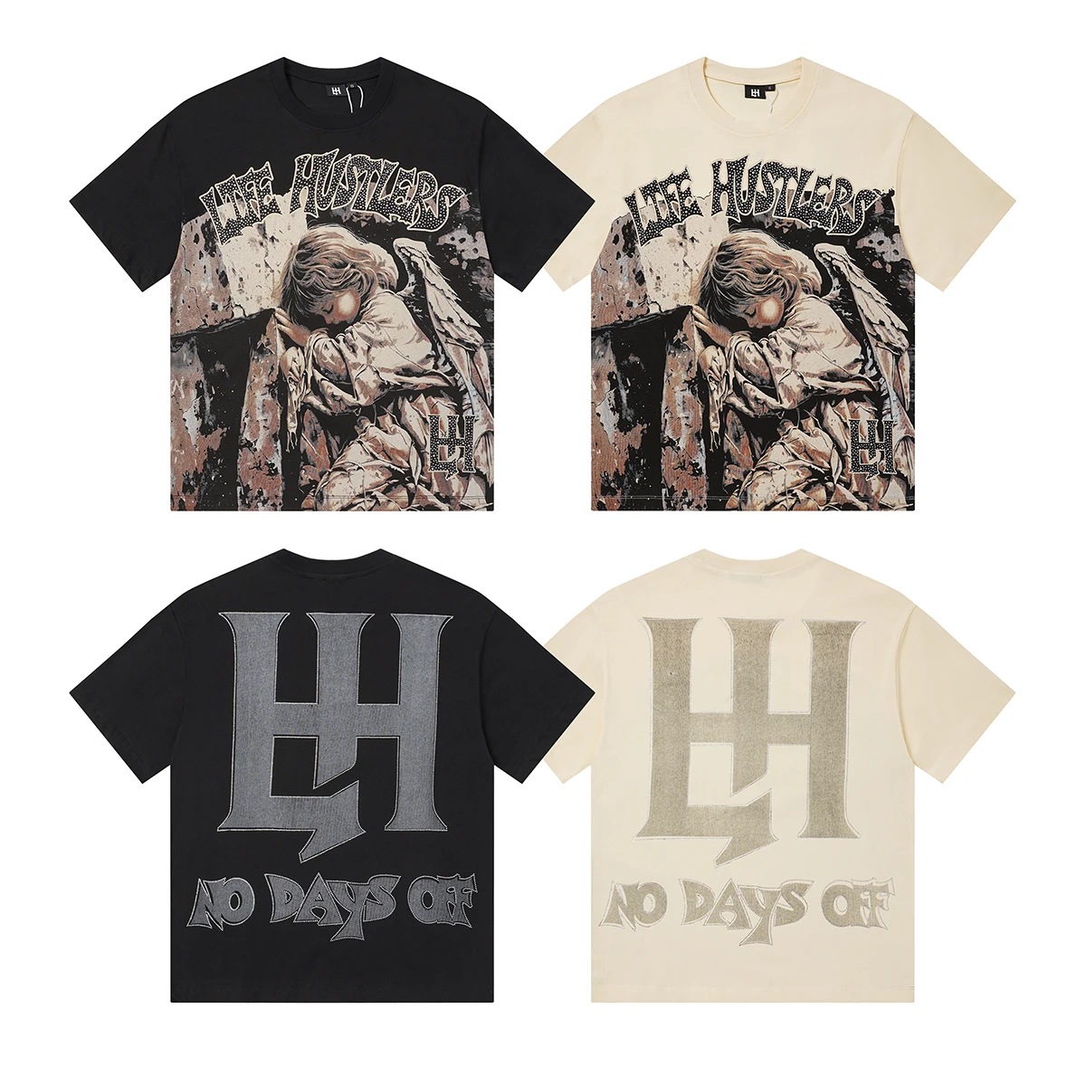 American Style Life Hustlere Angel Print High Street Rhinestone Distressed Loose round Neck Pure Cotton Short Sleeve T-Shirt