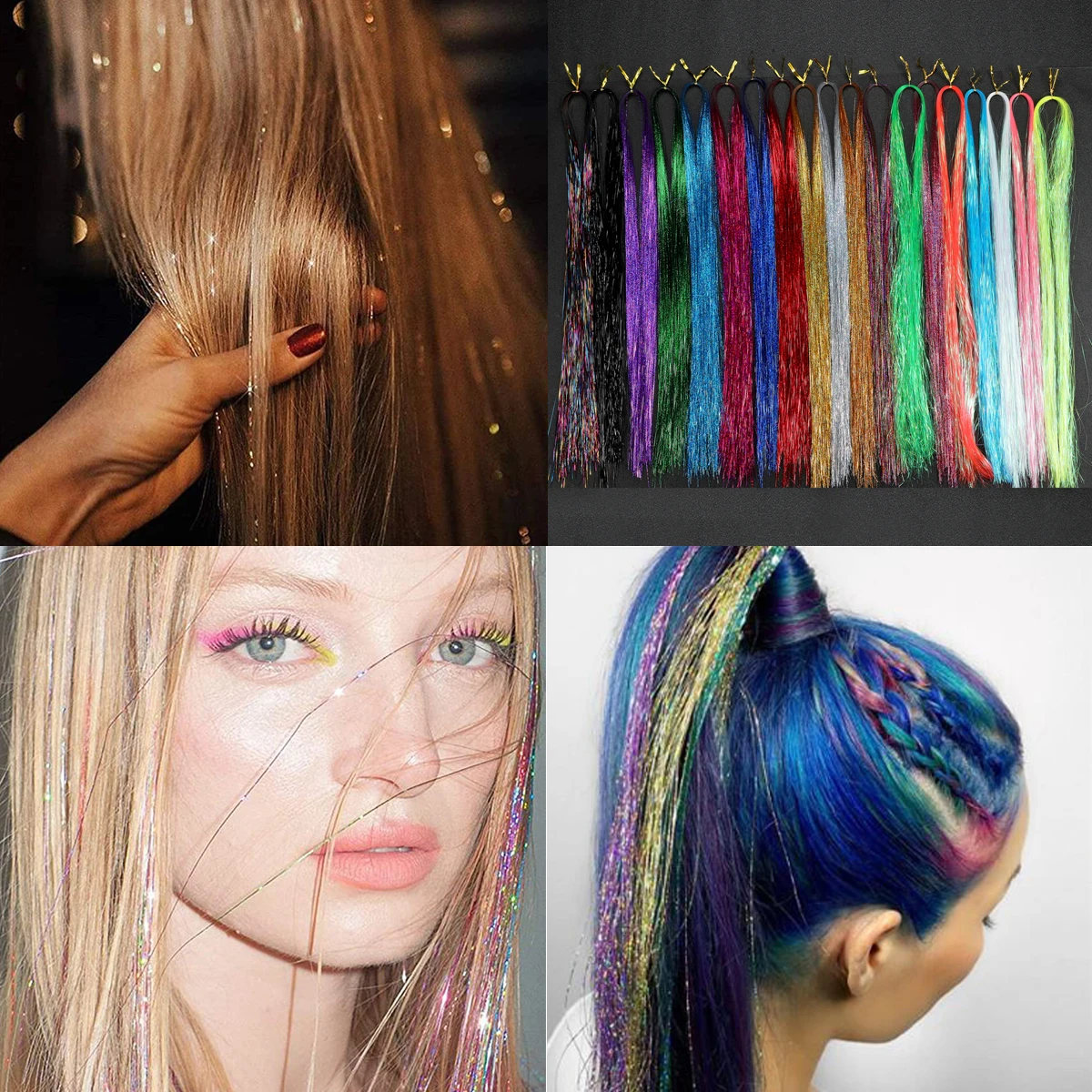 Rainbow Shiny Sparkle Hair Tinsel Kit Women Glitter Extension Hair Bling Dazzles Girls Hippie Braiding Hair Accessories Long ﻿