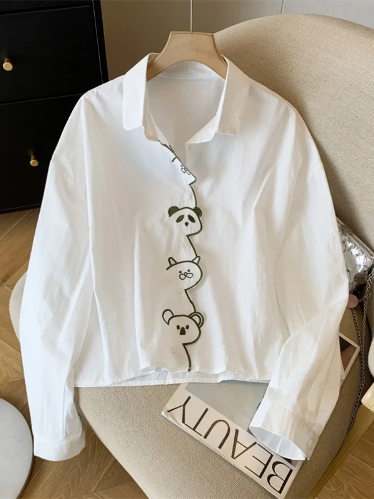 

Новая весенняя женская свободная повседневная верхняя одежда: милый хлопковый топ с вышивкой, длинным рукавом и воротником, белый