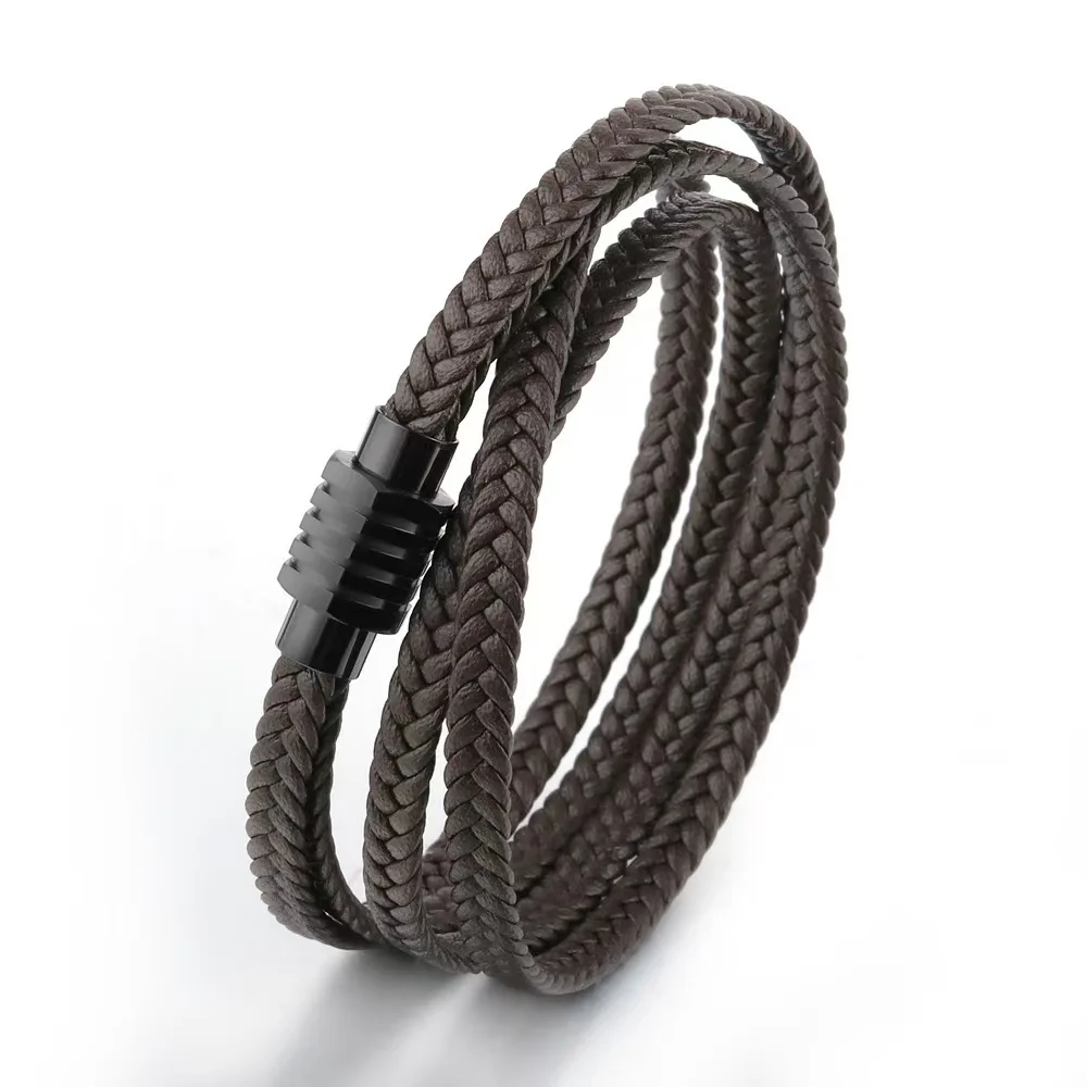Listing Fashion Punk Hex Buckle Men's Stainless Steel Creative Bracelet Woven Cowhide Rope Bracelet Wrist Jewelry