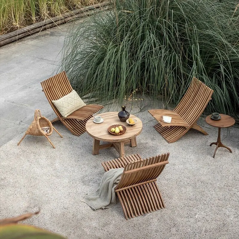 & Retro Nostalgia Design Wood Outdoor Folding Sun Lounger Chair with Cushions Antique Look for Balcony Leisure