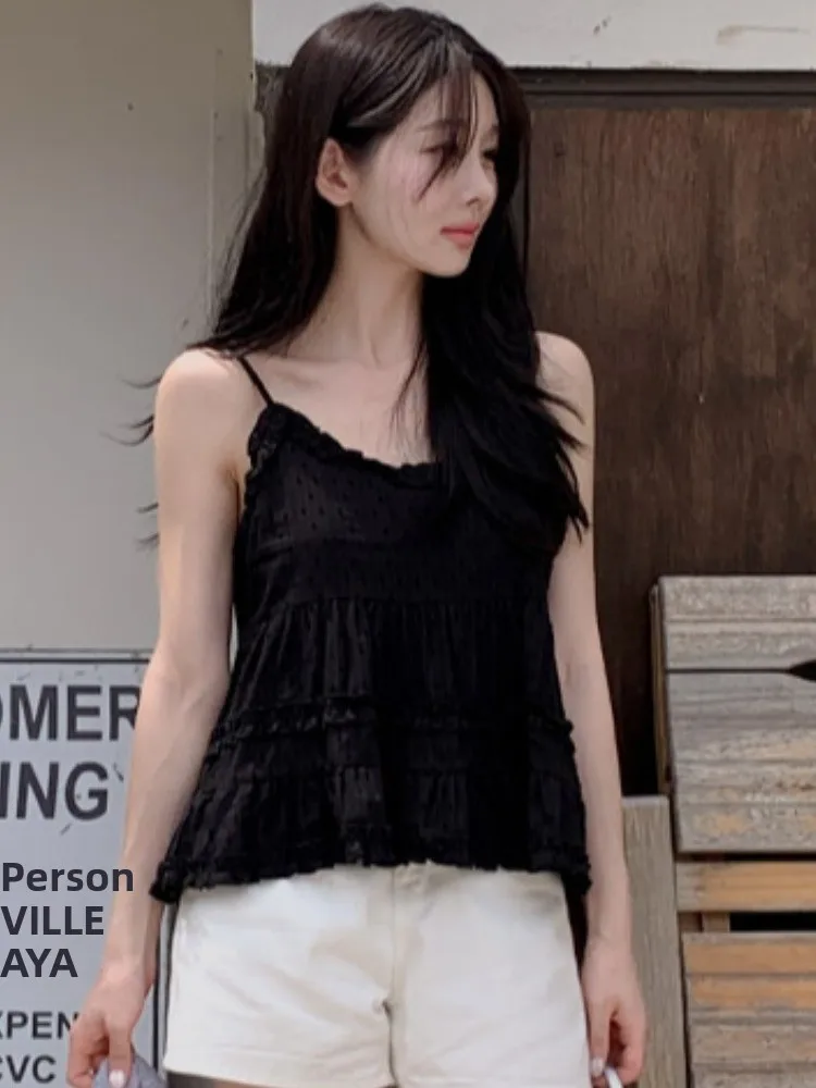 

Summer New Sle Women's Off-oulder Vest Svel V-Ne Outerwear Wooden Trim Strap Tops Pure Color Knitted Sweater