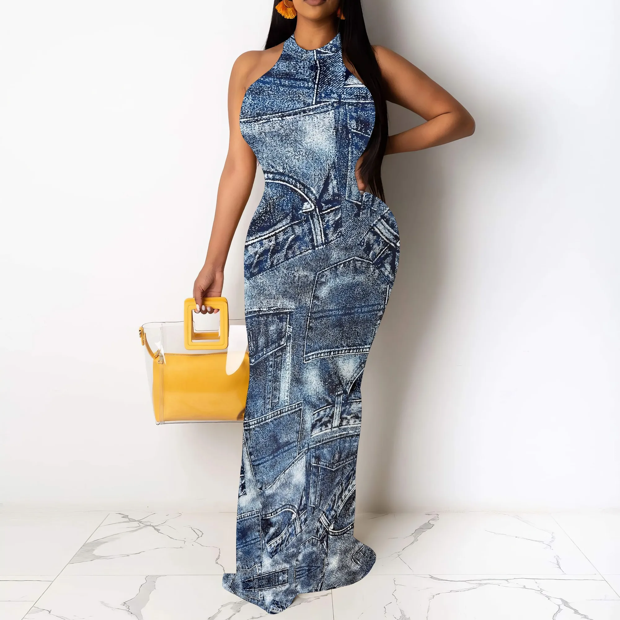 

Denim Print Sleeveless Halter Neck Maxi Dress Casual Blue Bodycon Long Dress Summer Fashion Look