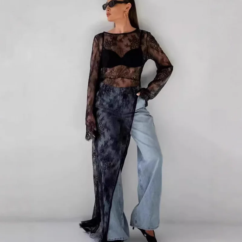 TOY-Nuovo abito diviso in pizzo trasparente con senso del design, copricostume a maniche lunghe con scollo tondo per i pendolari estivi e autunnali