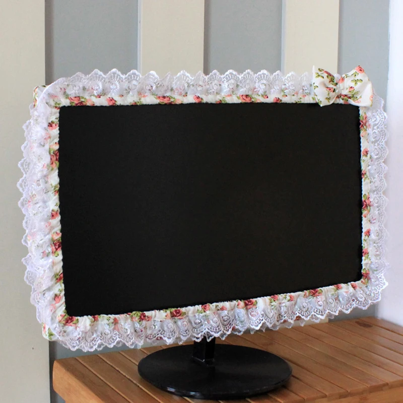 Lace Fabric Computer Frame Cover, Monitor Screen Dust Cover, Elastic Pen Pocket Bow