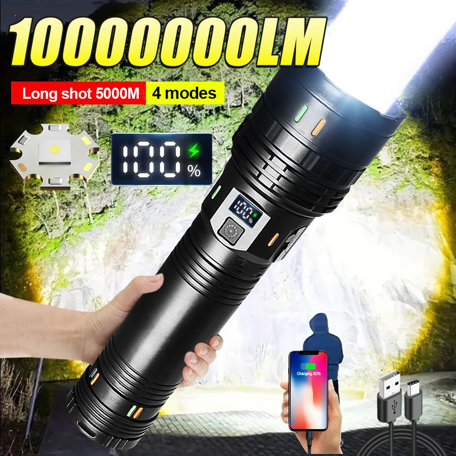 Ultra Powerful Flashlight 10000000LM Strong Light LED Flashlight Built-in Battery Rechargeable Lamp Tactical Lantern For Camping