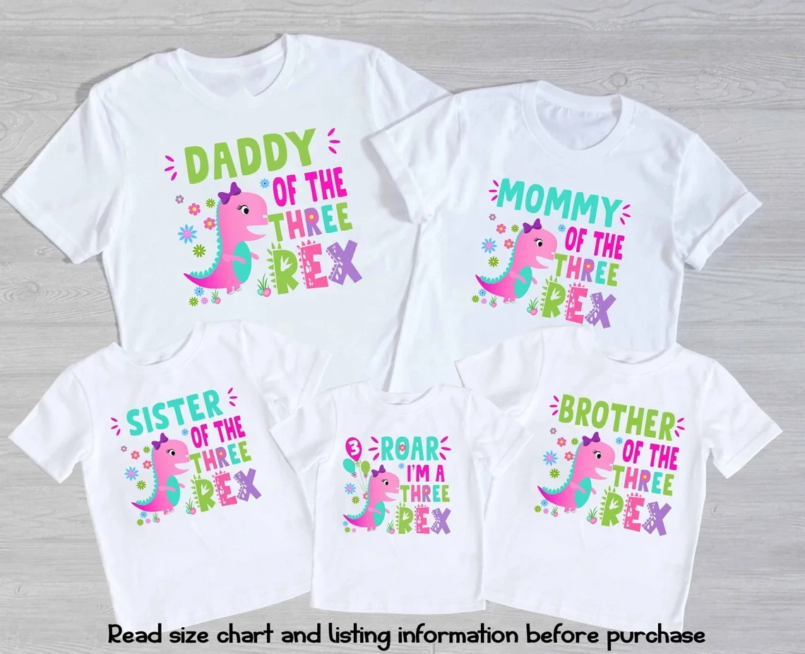 Custom Name I Am Three Rex Dinosaur Printed T Shirt Girls Birthday Party Family Matching T-Shirt Mom Dad Son T-Shirt