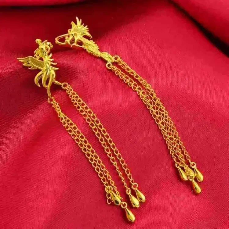 Brincos dourados banhados a cobre para mulheres, bijuterias da moda, presentes de casamento dourado borla, cópia 100%, 24K, 999