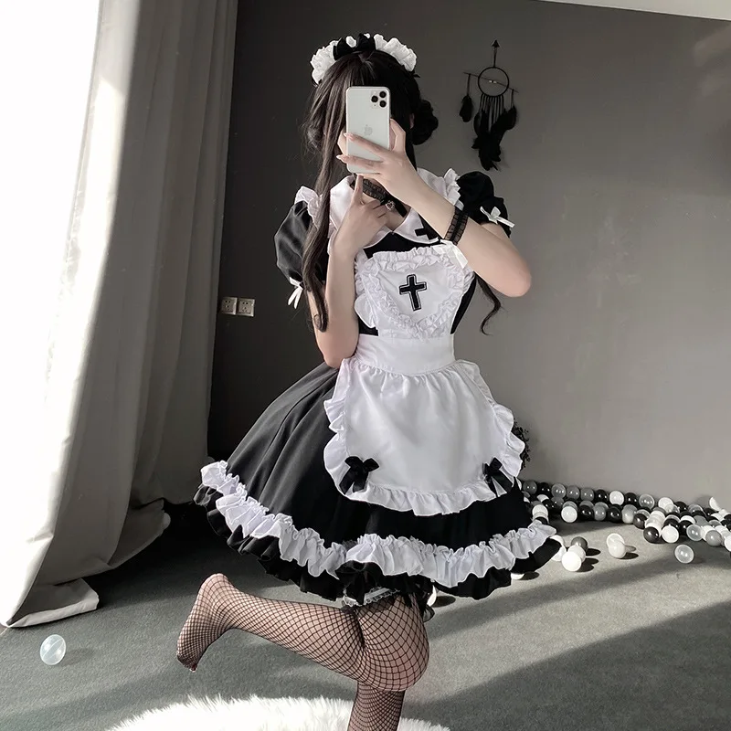 Pokojówka Anime przebranie na karnawał kobiet klasyczna sukienka pokojówka z krótkim rękawem stroje japonia Sexy Lolita fartuch mundur Halloween pielęgniarka ubrania