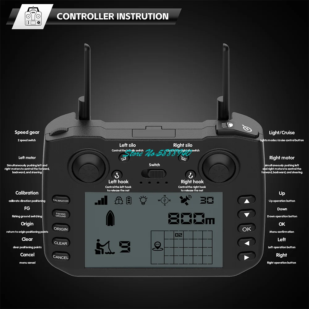 800M 12V High Speed GPS Return Sonar Fish Finder RC Fishing Bait Boat 9Fishing Ground 180 Anchor Points Remote Control Bait Boat