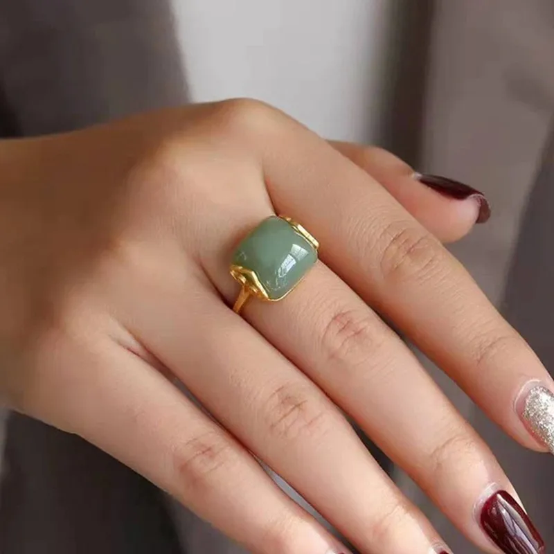 Vintage Accessories for Women Gold Plated Imitation Green Stone Rings for Women Adjustable Ring Nephrite Wedding Jewelry Gift